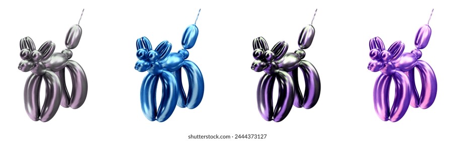 Set of multi colored ballon dog in 3D style. Vector illustration of a pouting toy in chrome tones.