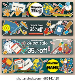 Set Multi colored banners. Marketing  Sale background with school stationery . Modern poster. Special offer 35 percents off.  stationery and school supplies