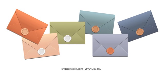 Set of multi colored envelopes in pastel shades with wax stamp on isolated background. Banner with realistic envelopes