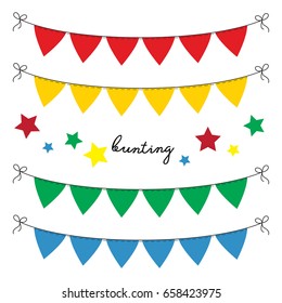 Set of multi colored flat buntings garlands, triangle flags. Celebration decor for greeting cards in primary colors.