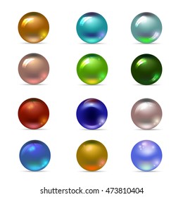 Set of multi colored glass spheres with shadows, vector