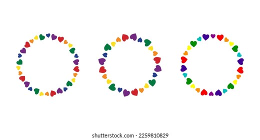 Set of multi colored hearts round frame. Colorful circle frame for lgbt, Pride Month. Rainbow colored hearts decoration. Decorative elements in rainbow colors for bright and unique design and decor.