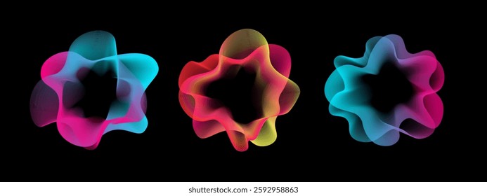 A set of multi -colored neon sound waves. Minimalistic sound lines, radial spectrum. A colorful cover for a musical poster and a banner. Radial spectrum vector.