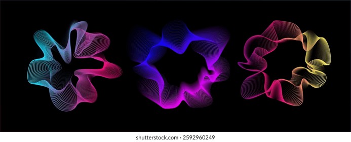 A set of multi -colored neon sound waves. Sound lines, radial spectrum of music. A colorful cover for a musical poster and a banner. Radial spectrum vector.