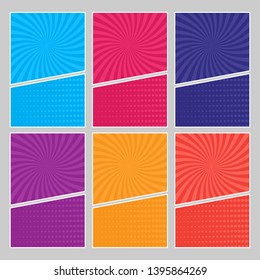 Set of multi colored pop art banners. Halftone comic template with place for your text for design. Vector illustration