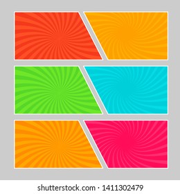 Set of multi colored pop art banners. Halftone comic template with place for your text for design. Vector illustration