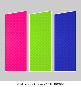 Set of multi colored pop art banners. Halftone comic template with place for your text for design. Vector illustration