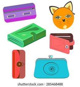 Set of multi colored purses for adults and children. Painted into a flat style. Blue, green, pink, orange color. Vector illustration