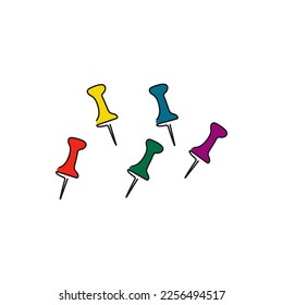 Set of multi colored push pins. Line art. Collection of various thumbtacks. Vector illustration.