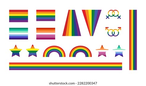 Set of multi colored rainbow elements. For LGBT, Pride Month. Rainbow colored illustrations. Colorful decorative elements, stripes and lines, star and flag in rainbow colors for bright design, decor. 