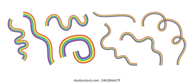 Set of multi colored rainbow waves. Colorful lines, stripes for lgbt, Pride Month. Rainbow colored illustrations. Decorative elements and ribbons in rainbow colors for bright design and decor.