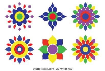 Set of multi colored rangoli, mandala design concept, geometric flowers graphics element, vector illustration isolated