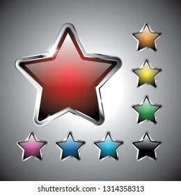 Set of multi colored stars with a silver frame, with space for your text. Vector illustration.