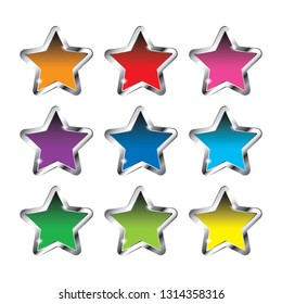 Set of multi colored stars with a silver frame, with space for your text. Vector illustration.