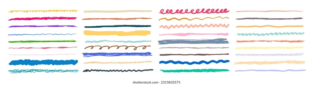 Set of multi colorful charcoal pencil scribble. Childish vector drawing. Doodles and curved lines, straight thin strokes. Colored pencil sketchy lines. Grunge smears and rough crayon strokes, waves.