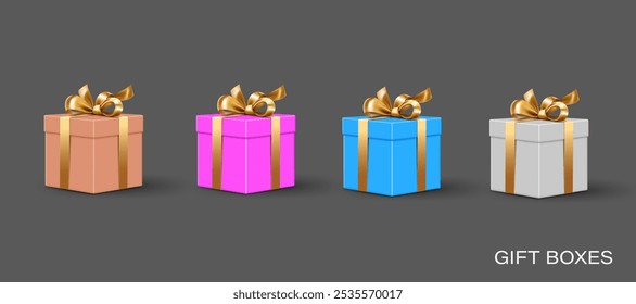 set of multi colour gift boxes with golden bow, gift boxes isolated on the dark grey background vector illustration.