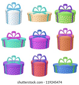 Set multi coloured round gift boxes with a patterns and bows, isolated on white background. Vector