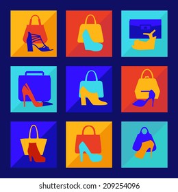set of multi coloured silhouettes of fashion women-s handbag and high heeled shoes