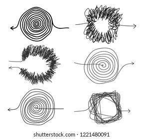 Set of Multi directional scribble insane arrows. Of brainstorming complexity. Embarrassing and chaos with hard solution ink sketch. Vector illustration. Isolated on white background.