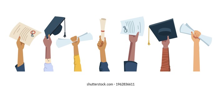 Set of multi ethnic hands holding diplomas, mortarboard hats and certificates, graduation celebration flat cartoon people arms. Vector happy students celebrating graduate from college, university