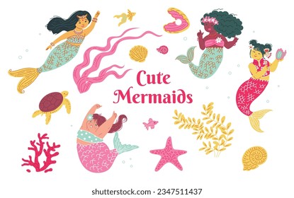 Set of multi ethnic mermaids, sea plants and animals flat style, vector illustration isolated on white background. Decorative design elements collection, underwater inhabitants, mythic characters