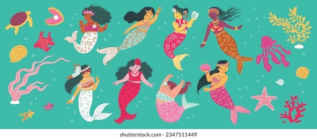 Set of multi ethnic mermaids, seaweeds and underwater inhabitants flat style, vector illustration isolated on turquoise background. Decorative design elements collection, cute fairy tale creatures