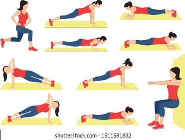 Set of multi ethnic people. Fitness characters doing exercisses. Vector illustration can be used for presentation, brochure, workout, fitness website and app design.