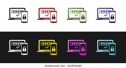 Set Multi factor, two steps authentication icon isolated on black and white background. Vector Illustration