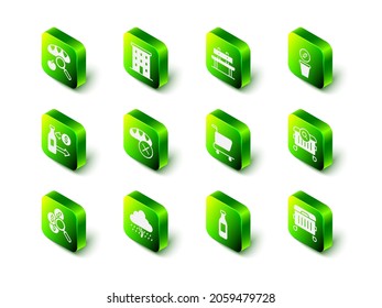 Set Multi storey building, Bench, Donation money, Searching for food, Trash can, Shopping cart, Bottle of water and Cloud with rain icon. Vector