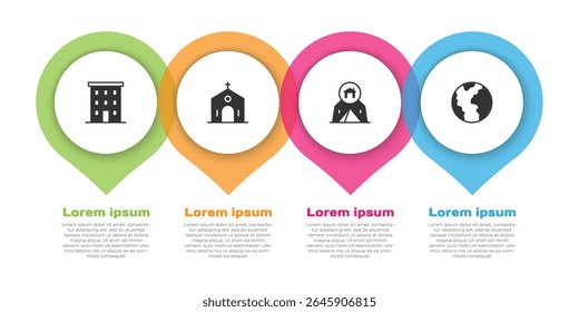Set Multi storey building, Church, Tourist tent and Global economic crisis. Business infographic template. Vector