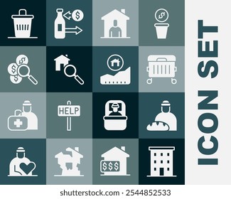 Set Multi storey building, Feeding the homeless, Trash can, Shelter for, Search house, money,  and Rising cost of housing icon. Vector