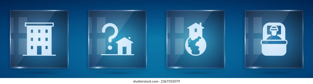 Set Multi storey building, House with question mark, Shelter for homeless and Sleeping bag. Square glass panels. Vector