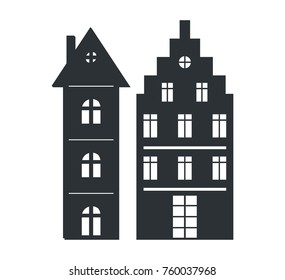 Set of multi storey houses black silhouettes isolated on white background. Graphic design of modern homes in sketch concept with windows for web design