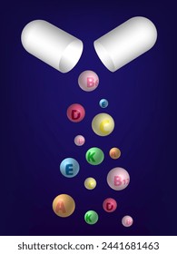 Set of Multi Vitamin complex 3D icons. Stylized 3D vitamin colorful icons spill out of white capsule.  Multi Vitamin complex on dark blue background for your design. EPS10.