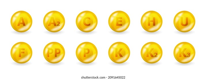 Set of multi vitamin complex. Vitamin A, C, D, E, F and more. Multivitamin supplement illustration concept.