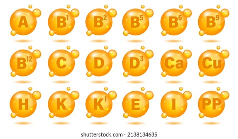 Set of Multi Vitamin complex icons. Multivitamin supplement. A, B group B1, B2, B3, B5, B6, B9, B12, C, D, D3, E, K, H, K1, PP. Essential vitamin complex. Healthy life concept. Vector illustration