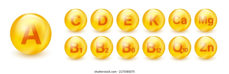 Set of Multi Vitamin complex icons. Multivitamin supplement. Vitamin A, B group B1, B2, B6, B12, C, D, D3, E, K, Mg, Ca, Omega. Essential vitamin complex. Healthy life concept svg