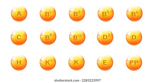 Set of Multi Vitamin complex icons. Multivitamin supplement. Vitamin A, B group B1, B2, B3, B5, B6, B9, B12, C, D, D3, E, K, H, K1, PP. Essential vitamin complex. Healthy life concept