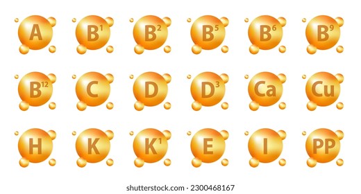 Set of Multi Vitamin complex icons. Multivitamin supplement. A, B group B1, B2, B3, B5, B6, B9, B12, C, D, D3, E, K, H, K1, PP. Essential vitamin complex. Healthy life concept. Vector illustration