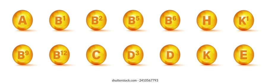 Set of Multi Vitamin complex icons. Multivitamin supplement. Vitamin A, B group B1, B2, B3, B5, B6, B9, B12, C, D, D3, E, K, H, K1, PP. Essential vitamin complex. Healthy life concept