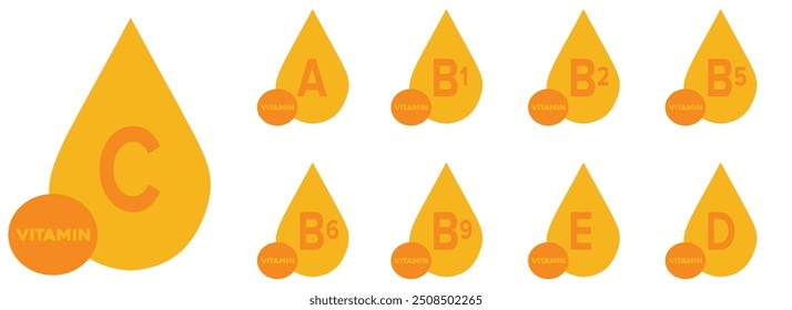 Set von Multi-Vitamin-Komplex-Icons. Multivitaminpräparat. Vitamin A, B, C, D, E. Essenzieller Vitaminkomplex. Konzept für ein gesundes Leben.