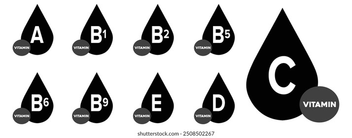 Set von Multi-Vitamin-Komplex-Icons. Multivitaminpräparat. Vitamin A, B, C, D, E. Essenzieller Vitaminkomplex. Konzept für ein gesundes Leben.