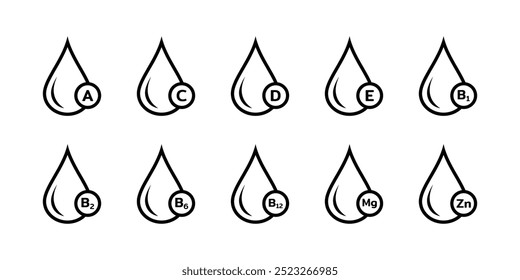 Set of Multi Vitamin complex icons. Vitamin capsules set. Vitamin A, B group B1, B2, B6, B12, C, D, D3, E, K, Mg, Ca, Omega. Vitamin complex icons. Vector illustration.