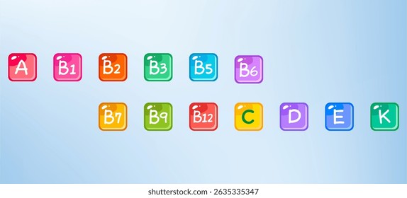 Set of Multi Vitamin complex icons. Vector illustration. Multivitamin supplement, b1, d, e, mg, c, zinc, magnesium. Diet poster. Colorful pills capsule, Omega. Essential vitamin complex. Healthy life