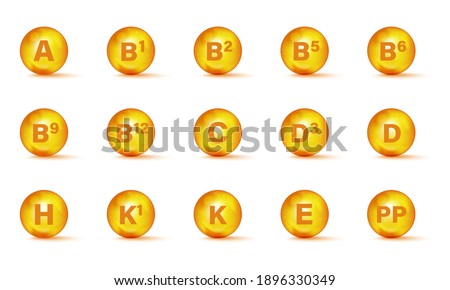 Set of Multi Vitamin complex icons. Multivitamin supplement. Vitamin A, B group B1, B2, B3, B5, B6, B9, B12, C, D, D3, E, K, H, K1, PP. Essential vitamin complex. Healthy life concept