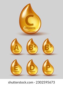 Set of Multi Vitamin gold shining capsule drop icons.Vitamin A,  B2, B3, D, E, P pill vector icons. Shining golden substance drop. Meds for heath ads. Vector illustration