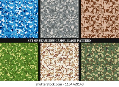 Set of Multicam Camouflage seamless patterns. Military background and texture. Pixel camo clothes. Vector Illustration. 