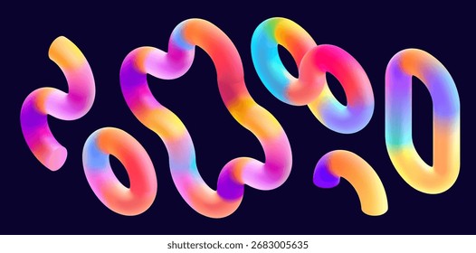 Conjunto de círculos e anéis 3D multicoloridos. Formas geométricas coloridas.