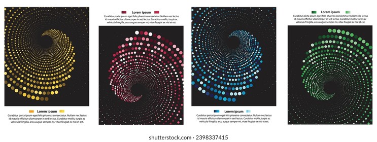 Set of multicolor abstract circle patterns in spiral shapes on dark background. Vector illustration. 