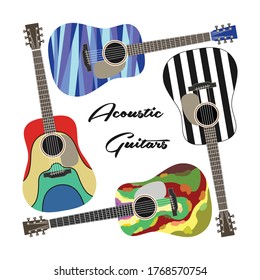 Set of multicolor acoustic guitars graphic vector